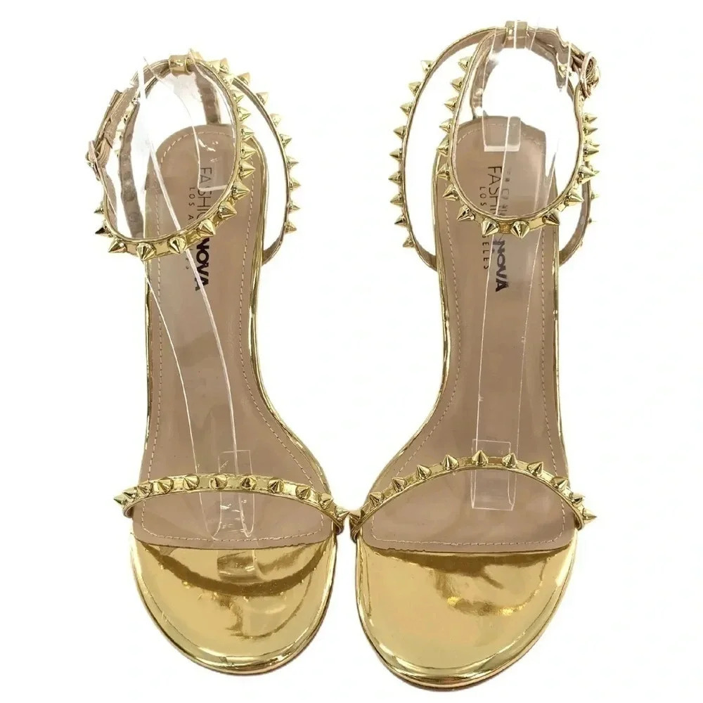 Fashion Nova heels size 8.5 Brewster gold faux leather studded stilettos party - Picture 5 of 12